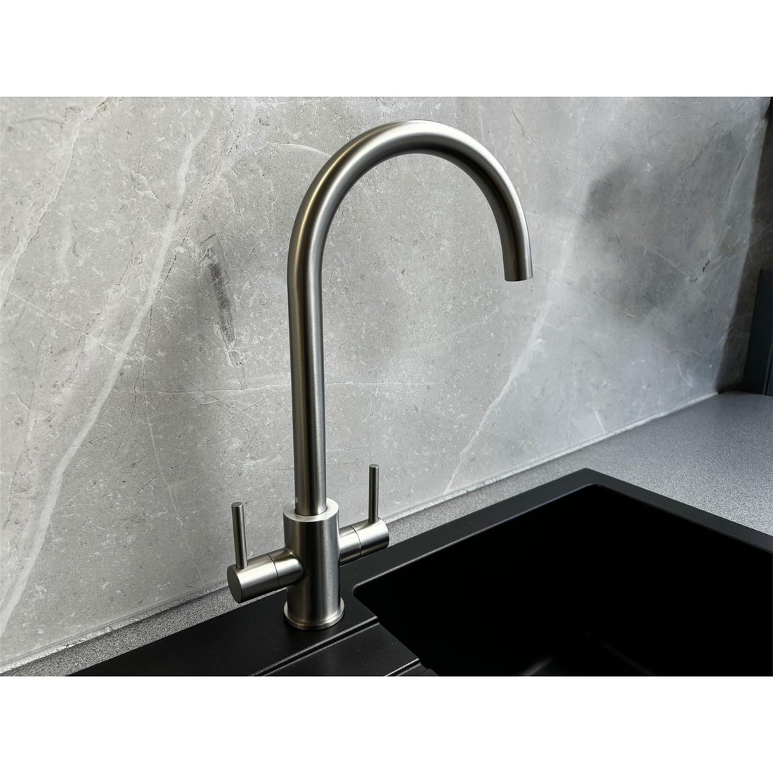 Liquida AD395BS Swan Neck Twin Lever Kitchen Mixer Tap In Brushed Steel