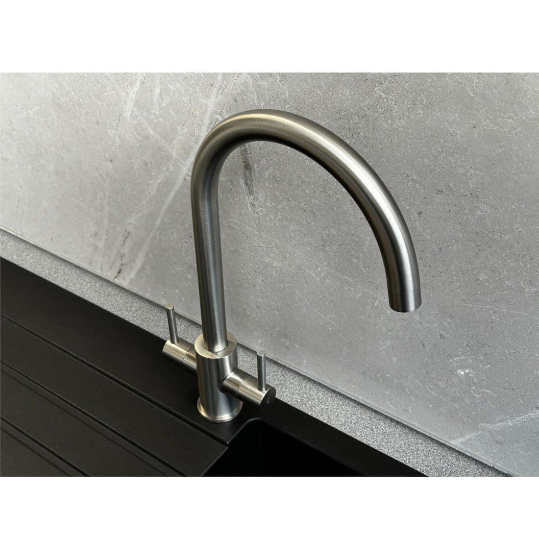 Liquida AD395BS Swan Neck Twin Lever Kitchen Mixer Tap In Brushed Steel