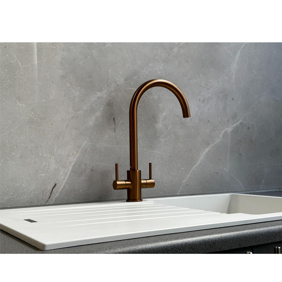 Liquida AD396CP Monobloc Swan Neck Twin Lever Copper Kitchen Mixer Tap