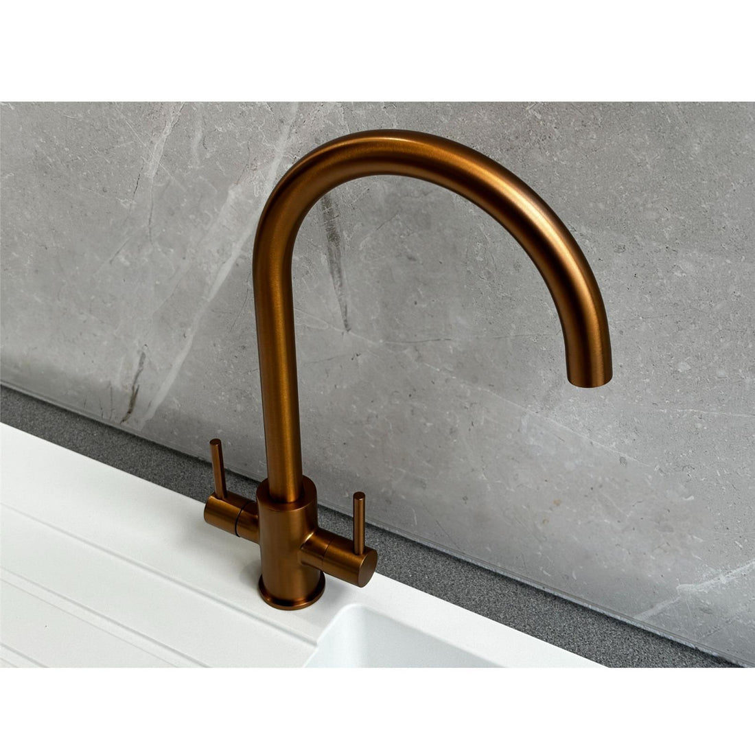 Liquida AD396CP Monobloc Swan Neck Twin Lever Copper Kitchen Mixer Tap