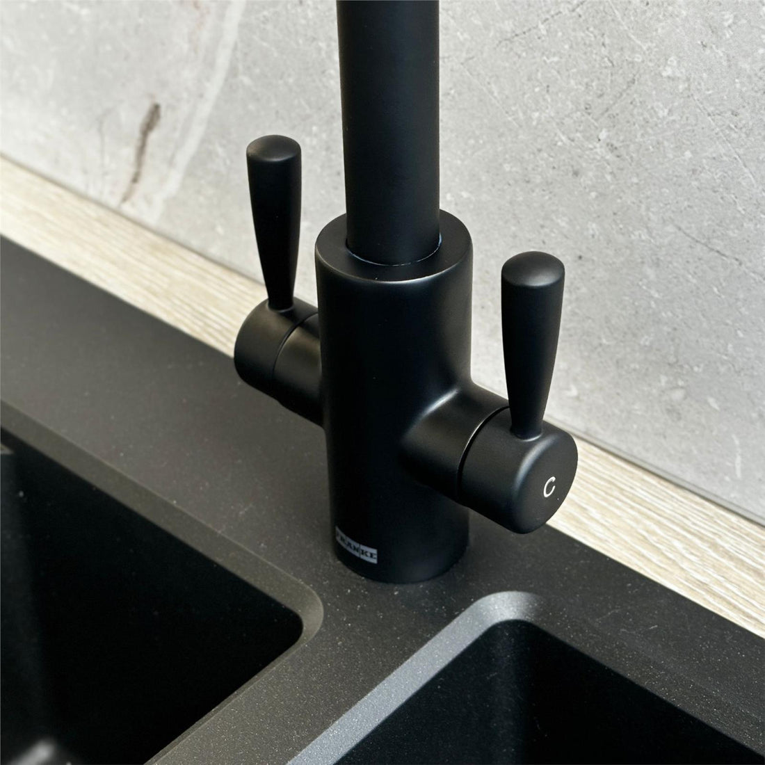 Franke Ascona Swan Neck Swivel Spout Mono Mixer Twin Lever Black Kitchen Tap