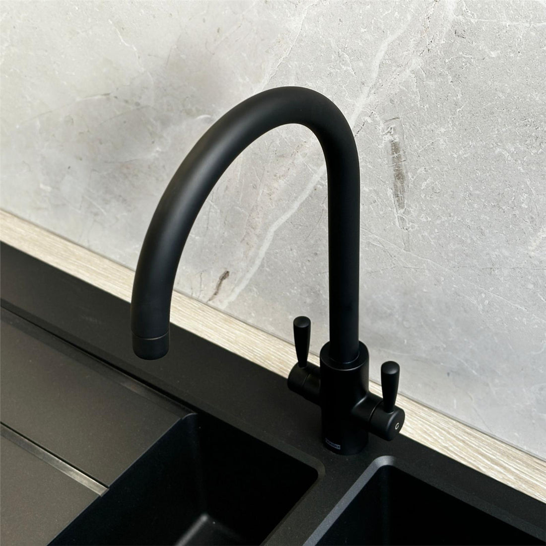 Franke Ascona Swan Neck Swivel Spout Mono Mixer Twin Lever Black Kitchen Tap