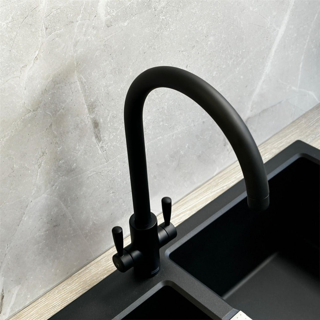 Franke Ascona Swan Neck Swivel Spout Mono Mixer Twin Lever Black Kitchen Tap