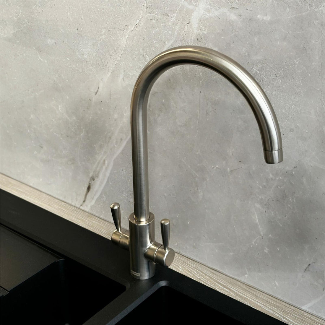 Franke Ascona Swan Neck Swivel Spout Twin Lever Silk Steel Mixer Kitchen Tap