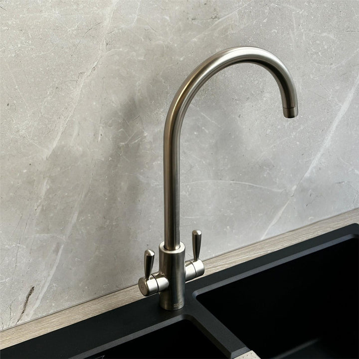 Franke Ascona Swan Neck Swivel Spout Twin Lever Silk Steel Mixer Kitchen Tap