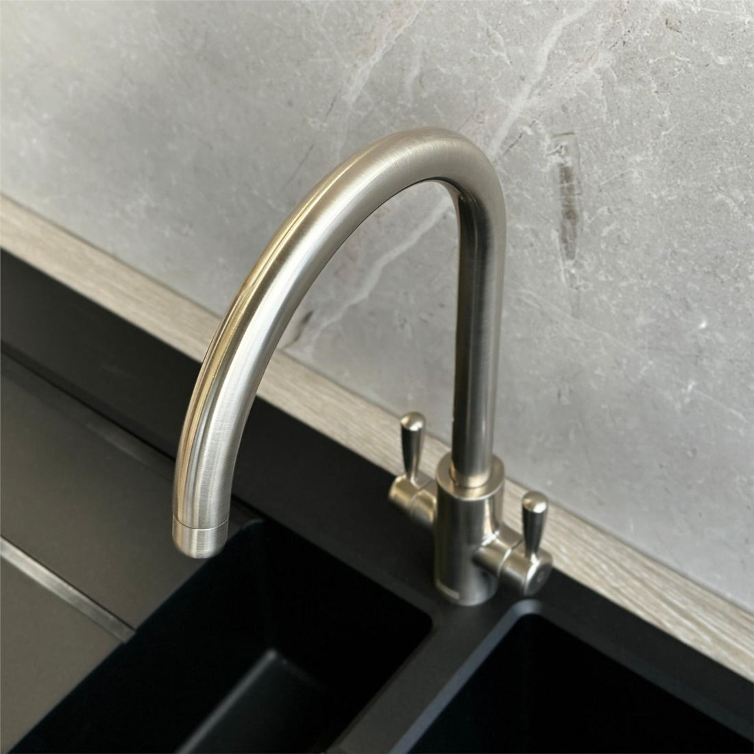 Franke Ascona Swan Neck Swivel Spout Twin Lever Silk Steel Mixer Kitchen Tap