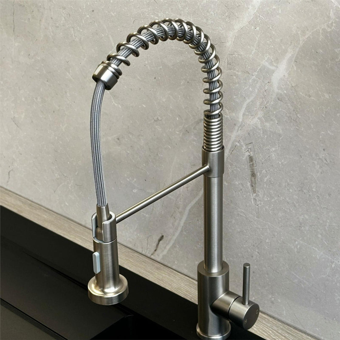 Liquida CT593BS Brushed Steel Spring Kitchen Mixer Tap With Pull Out Spray Head