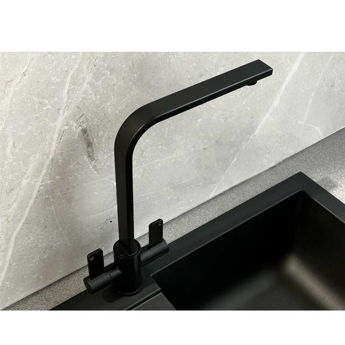 Liquida EB403MB Flat Style Modern Dual Lever Matt Black Kitchen Mixer Tap