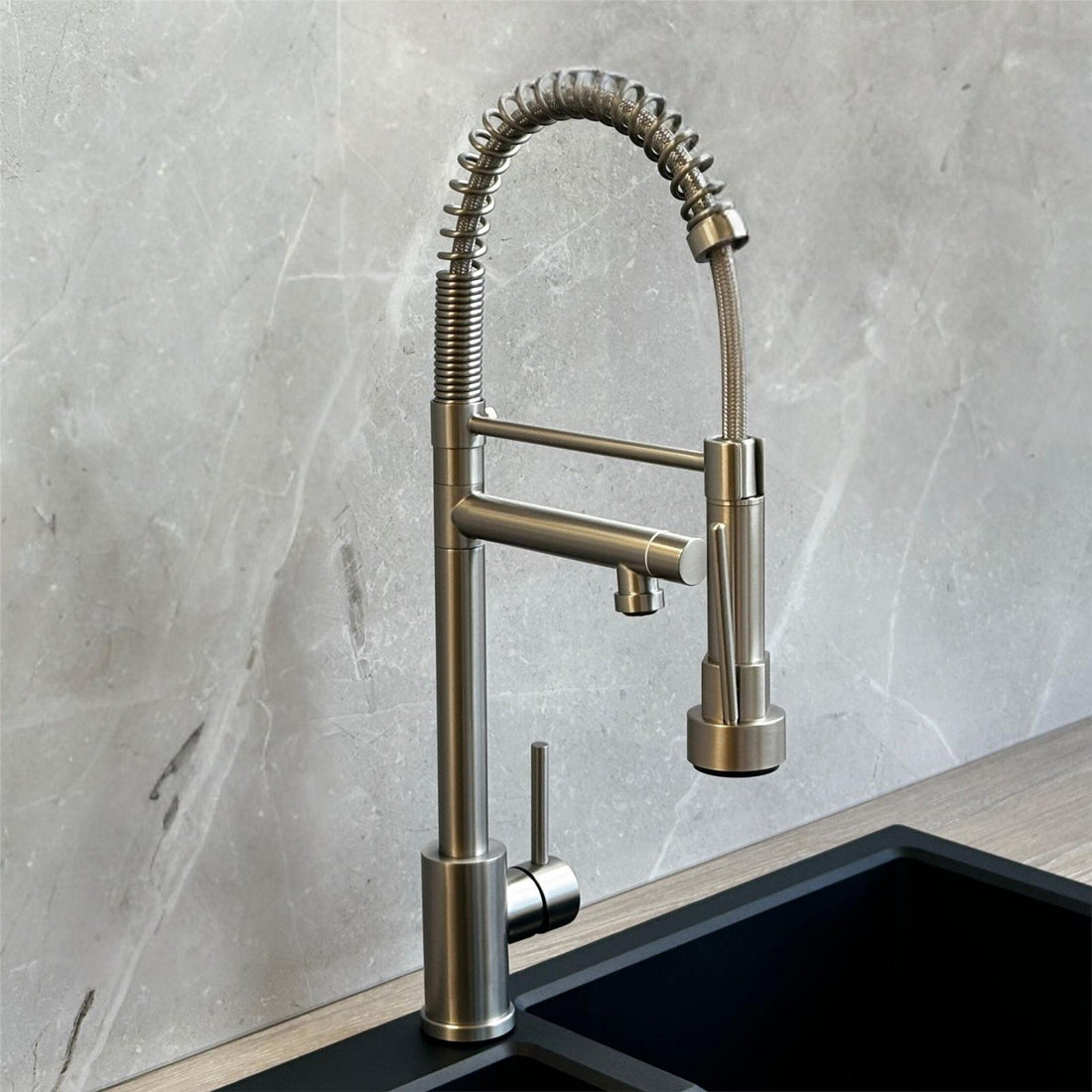 Liquida GR265BS Brushed Steel Kitchen Tap With Swivel Spout & Directional Spray