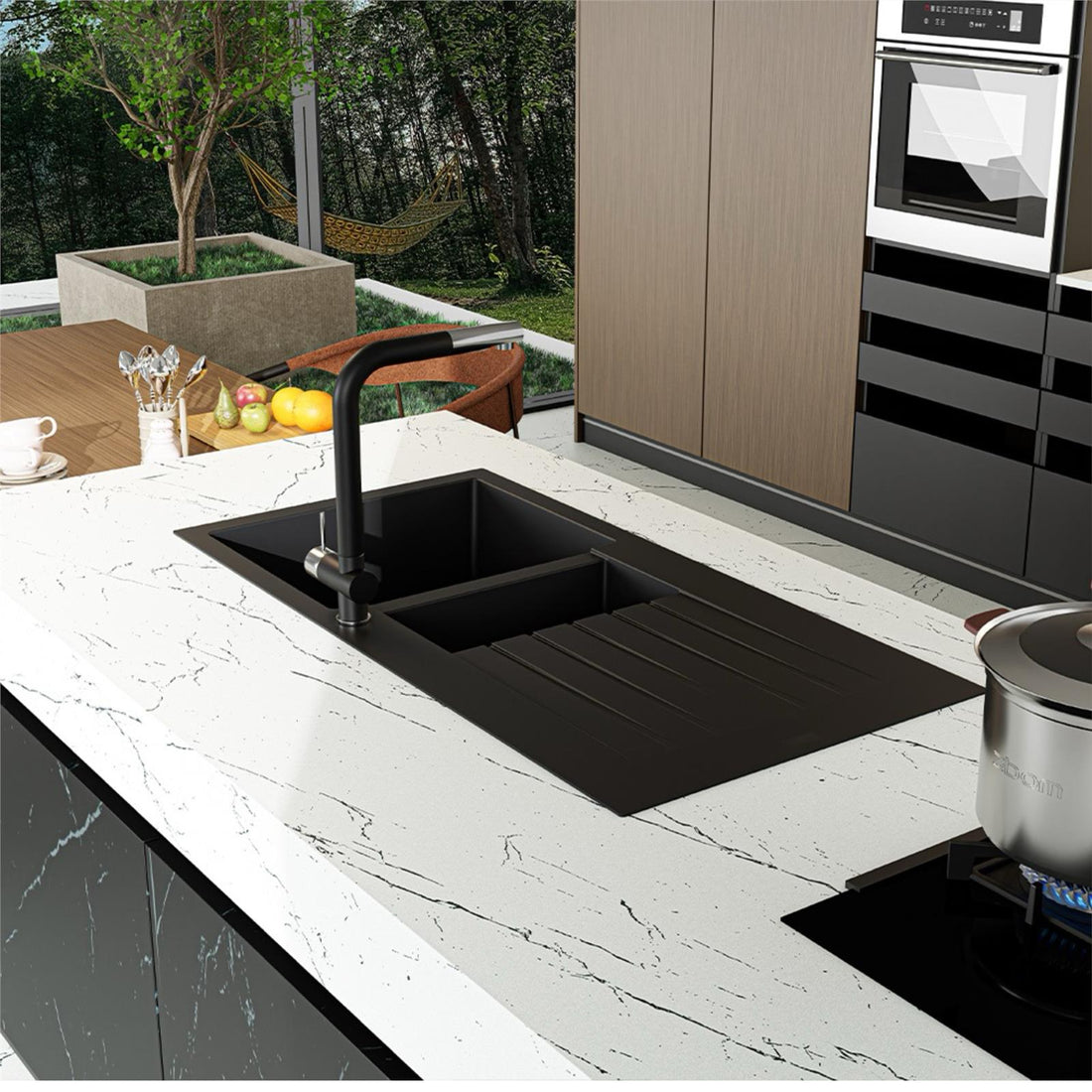 Liquida GRN150BL 1.5 Bowl Black Granite Reversible Kitchen Sink With Wastes