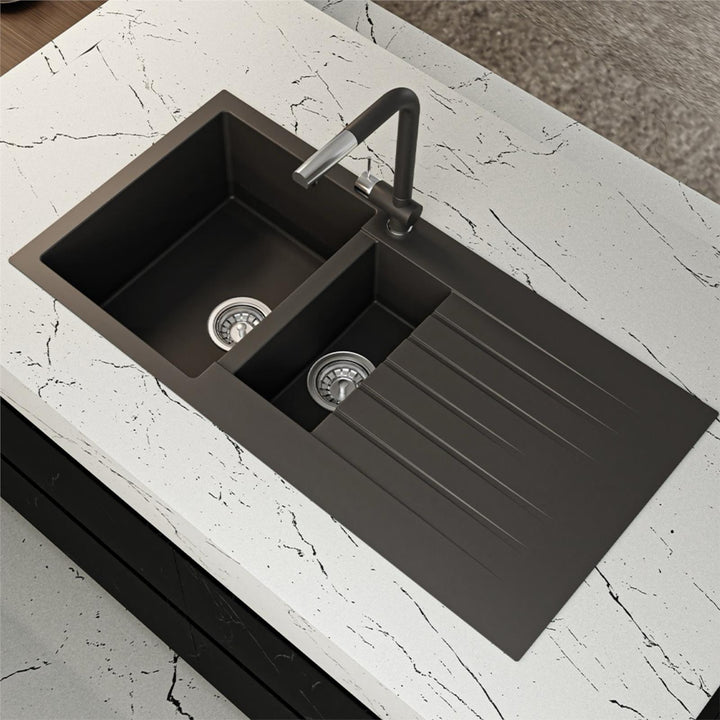 Liquida GRN150BL 1.5 Bowl Black Granite Reversible Kitchen Sink With Wastes