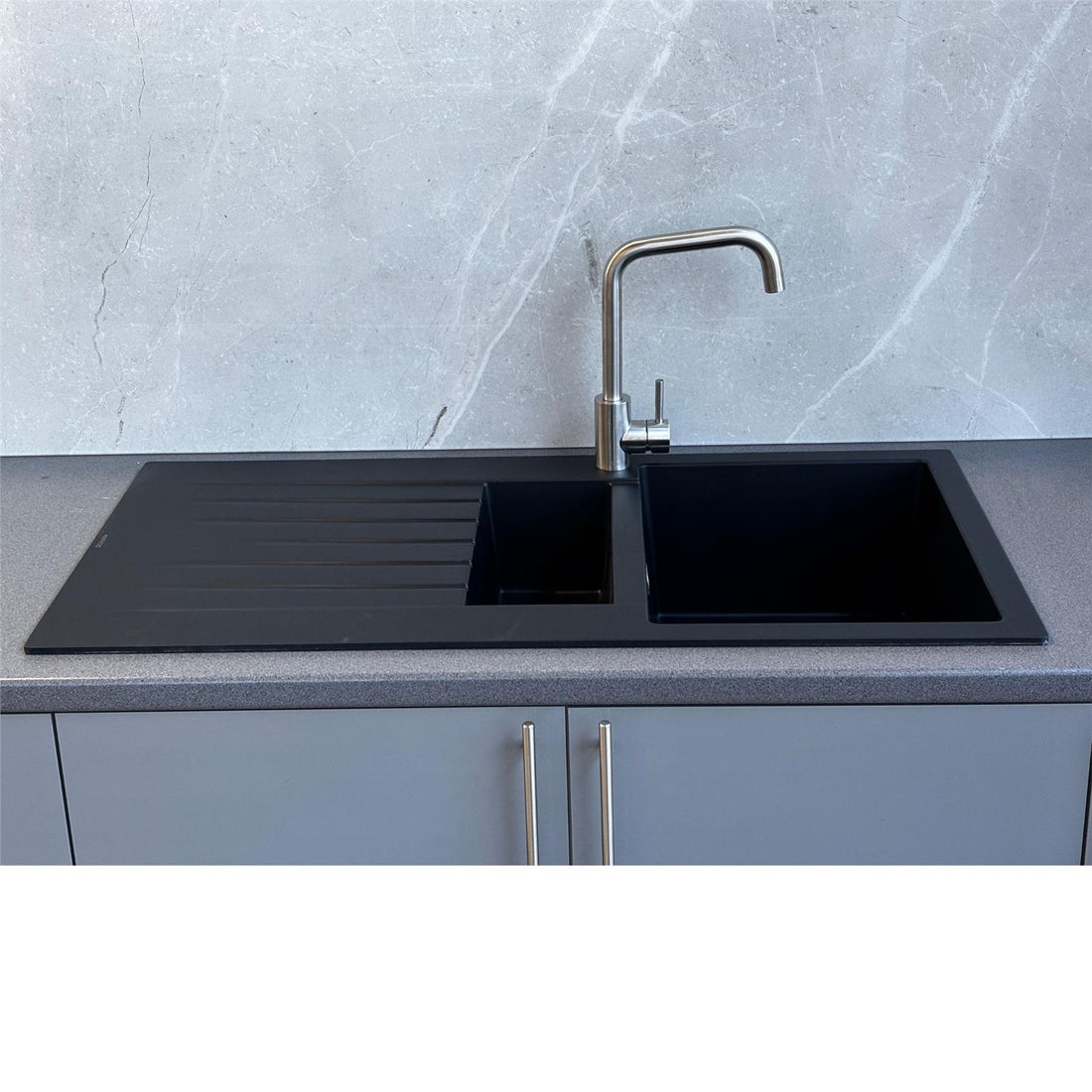 Liquida GRN150BL 1.5 Bowl Black Granite Reversible Kitchen Sink With Wastes