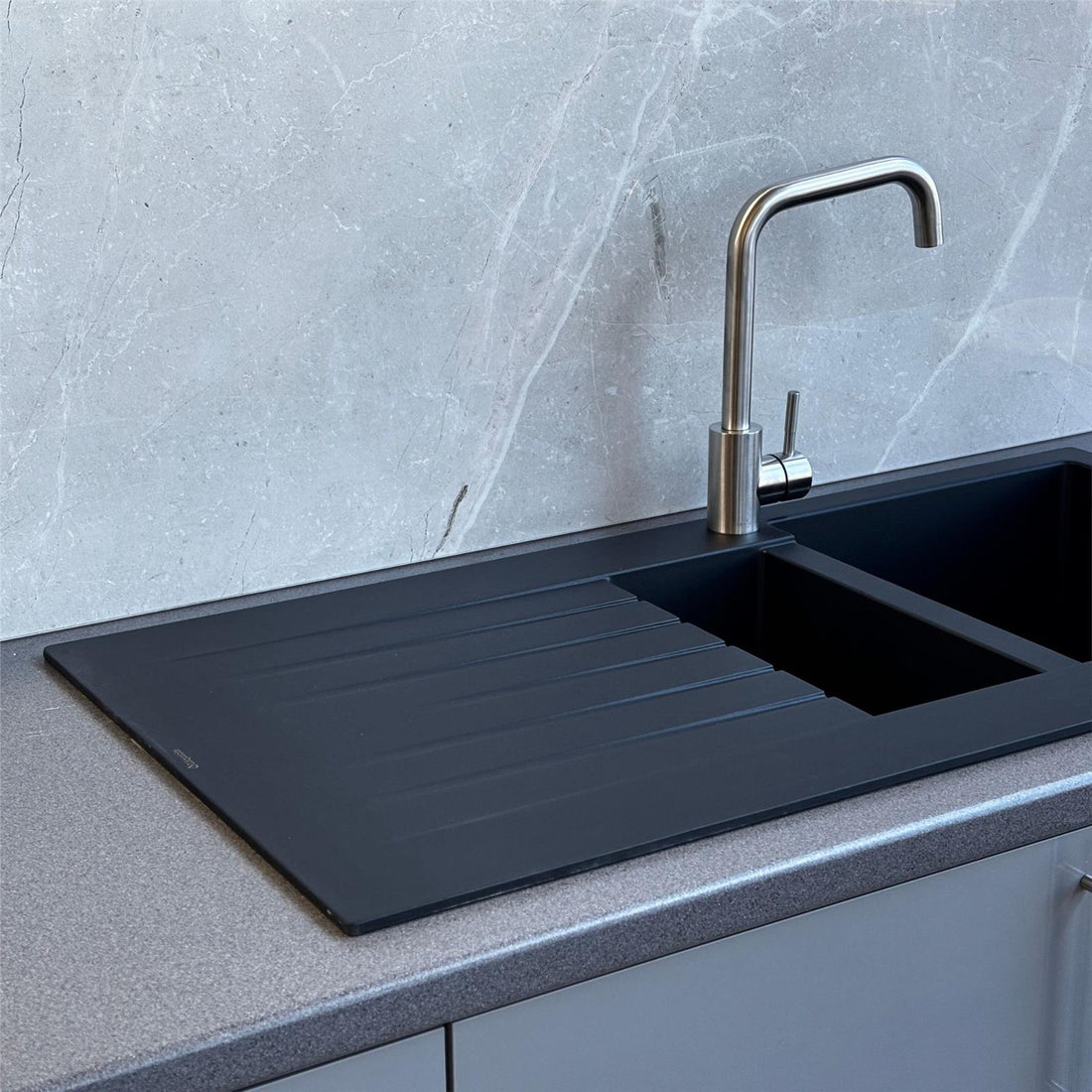 Liquida GRN150BL 1.5 Bowl Black Granite Reversible Kitchen Sink With Wastes