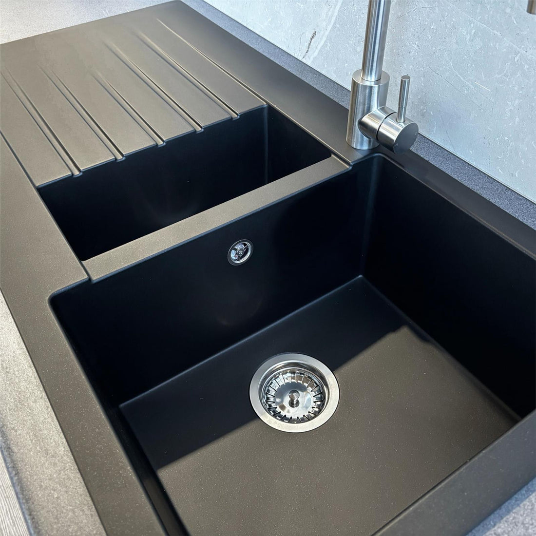 Liquida GRN150BL 1.5 Bowl Black Granite Reversible Kitchen Sink With Wastes