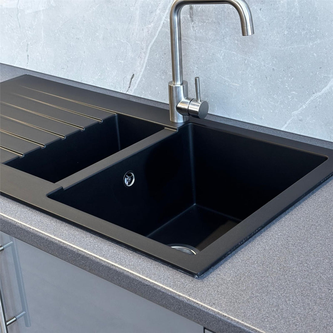 Liquida GRN150BL 1.5 Bowl Black Granite Reversible Kitchen Sink With Wastes