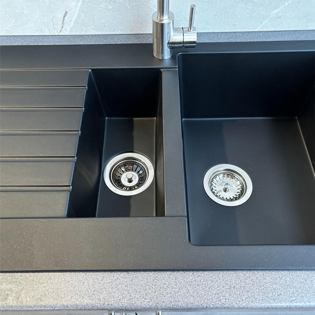 Liquida GRN150BL 1.5 Bowl Black Granite Reversible Kitchen Sink With Wastes