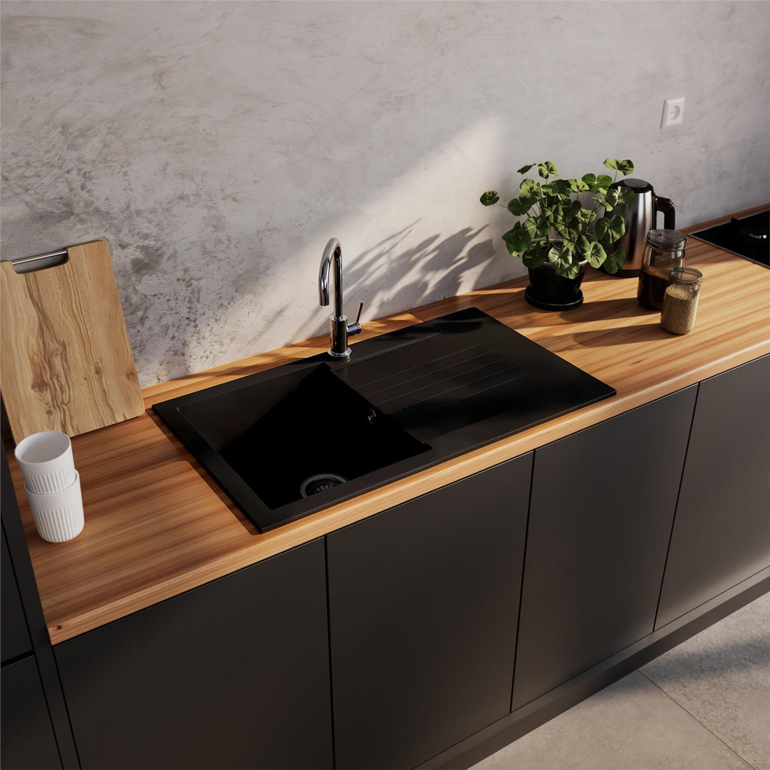 Liquida KAVL860BL 1.0 Bowl Composite Reversible Black Kitchen Sink And Waste Kit