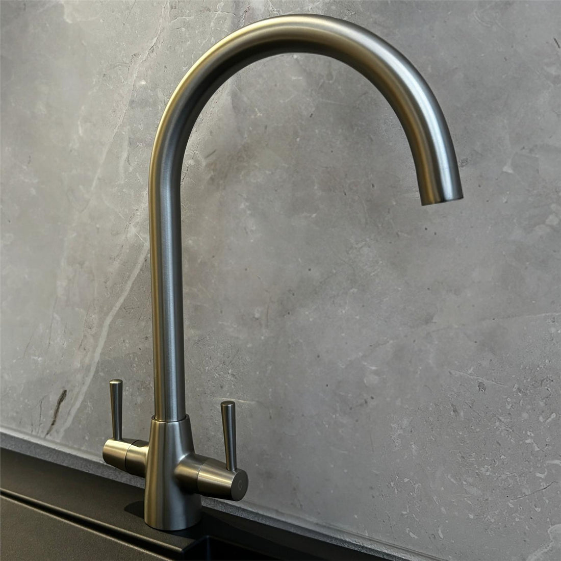 Liquida LU405BS Monobloc Swan Neck Twin Lever Brushed Steel Kitchen Mixer Tap