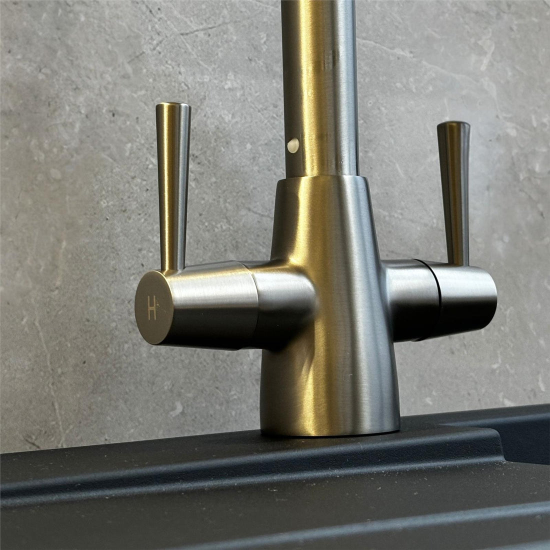 Liquida LU405BS Monobloc Swan Neck Twin Lever Brushed Steel Kitchen Mixer Tap