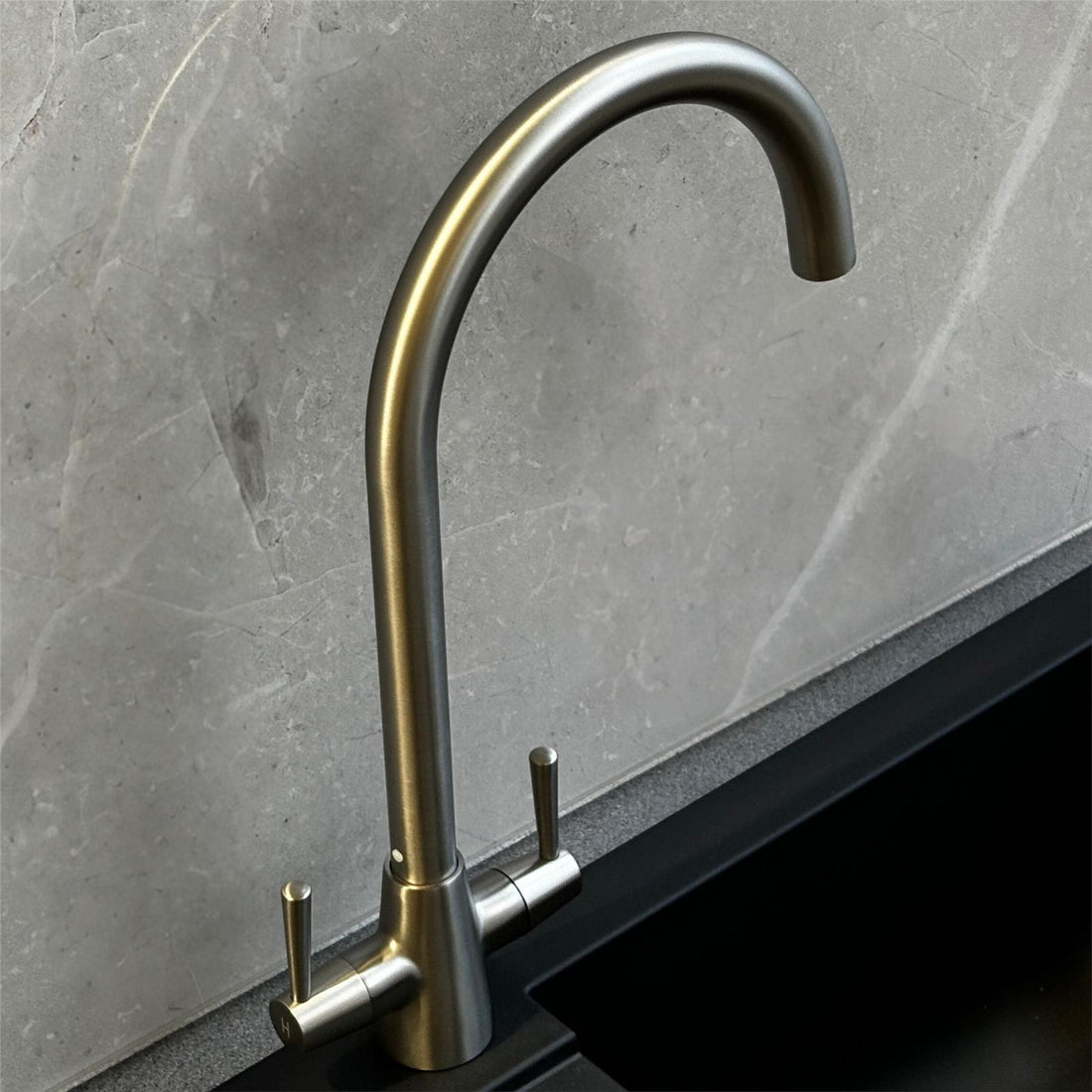 Liquida LU405BS Monobloc Swan Neck Twin Lever Brushed Steel Kitchen Mixer Tap