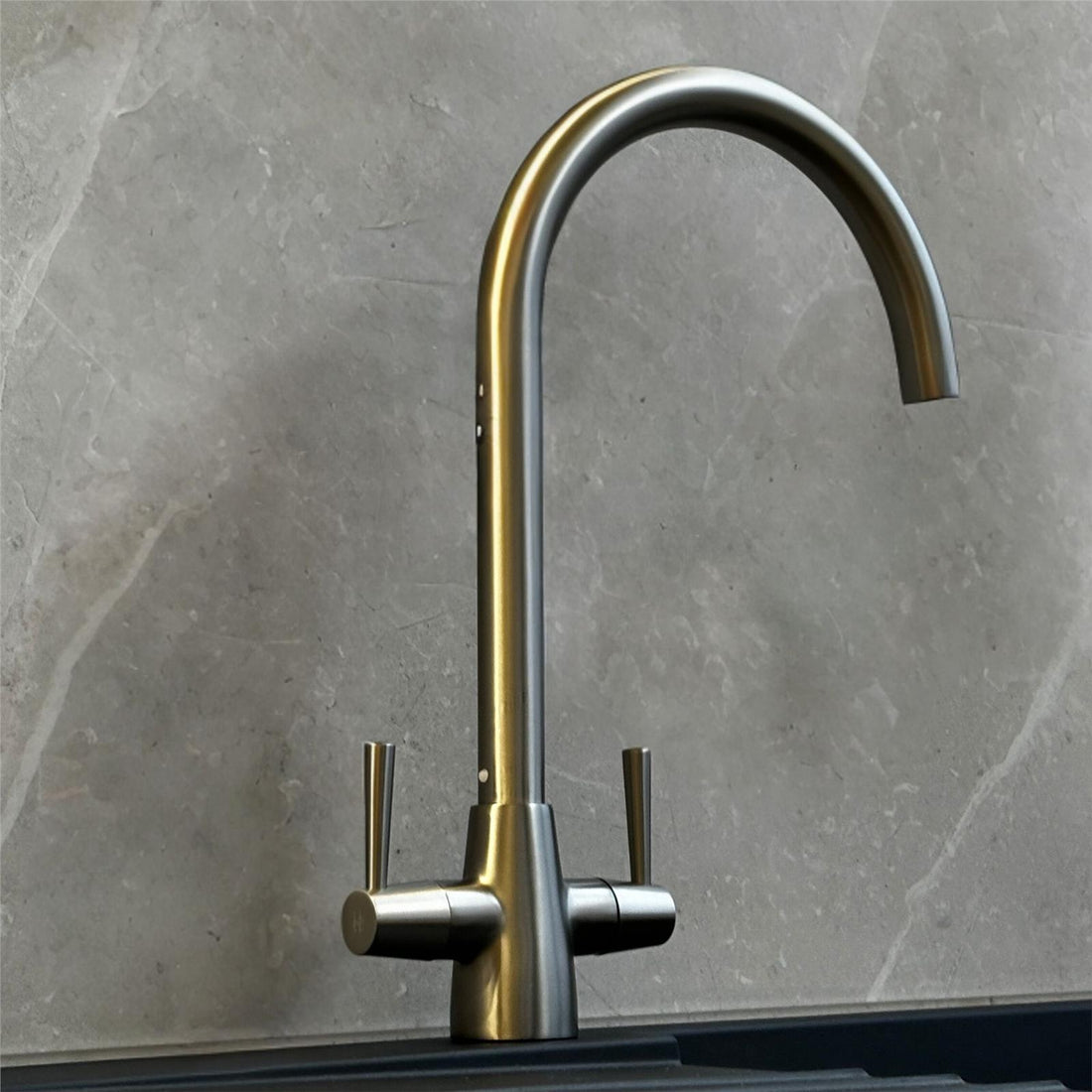 Liquida LU405BS Monobloc Swan Neck Twin Lever Brushed Steel Kitchen Mixer Tap