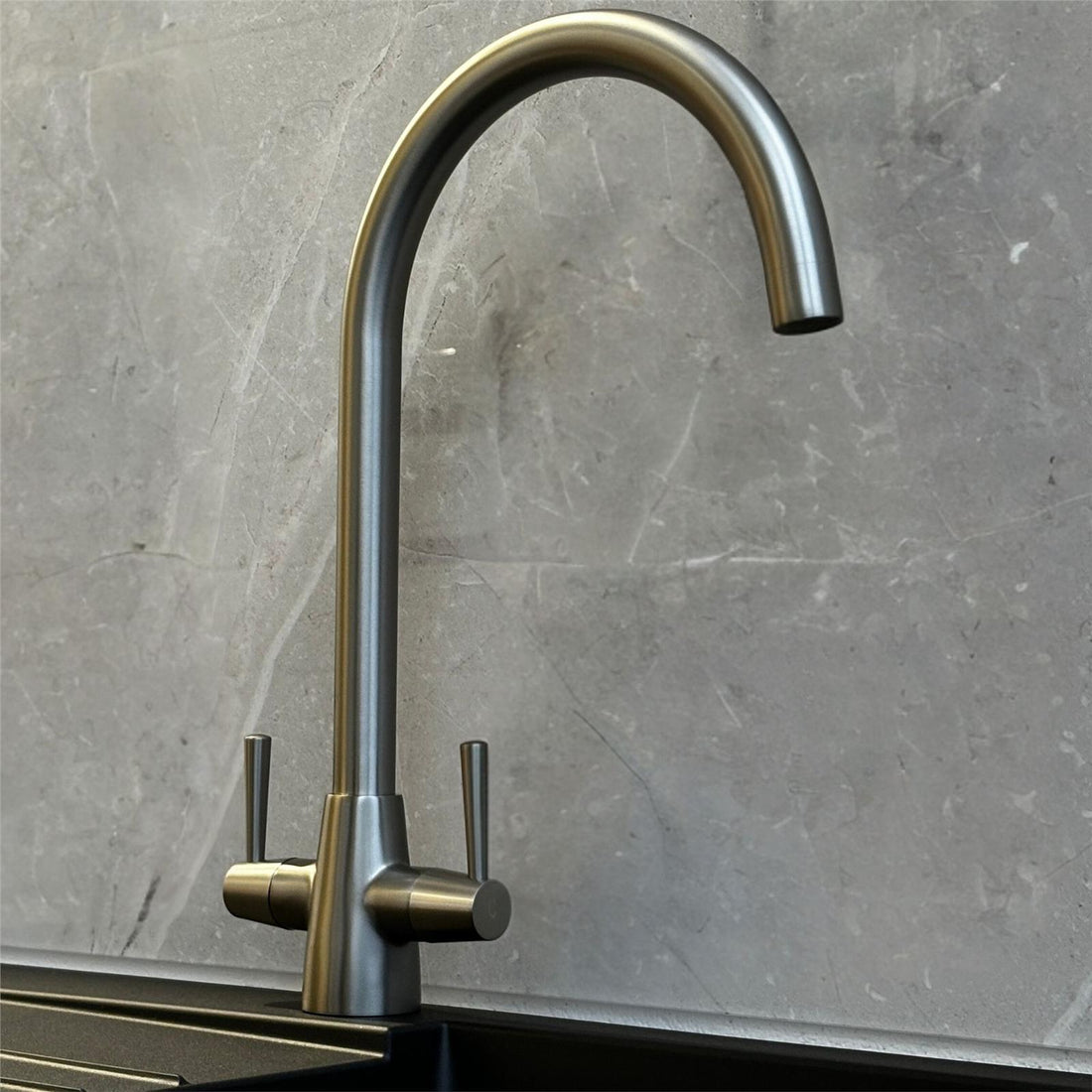 Liquida LU405BS Monobloc Swan Neck Twin Lever Brushed Steel Kitchen Mixer Tap