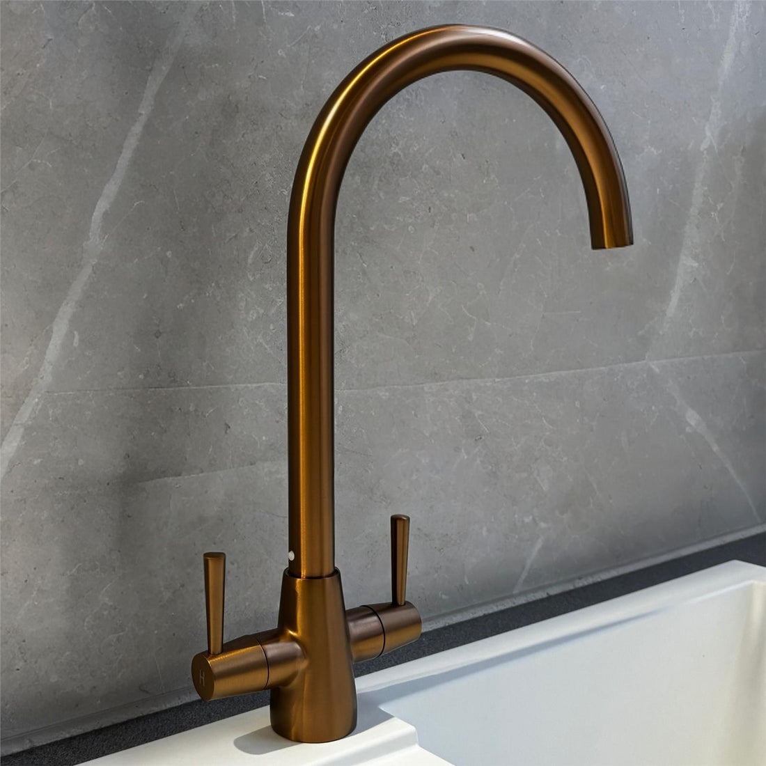 Liquida LU406CP Swivel Spout Swan Neck Twin Lever Copper Kitchen Mixer Tap