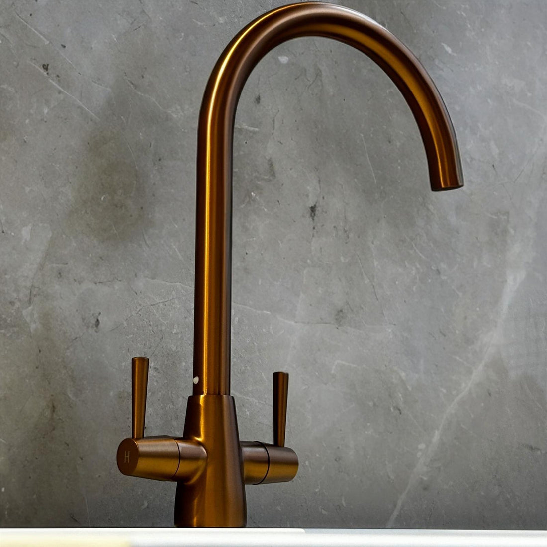 Liquida LU406CP Swivel Spout Swan Neck Twin Lever Copper Kitchen Mixer Tap