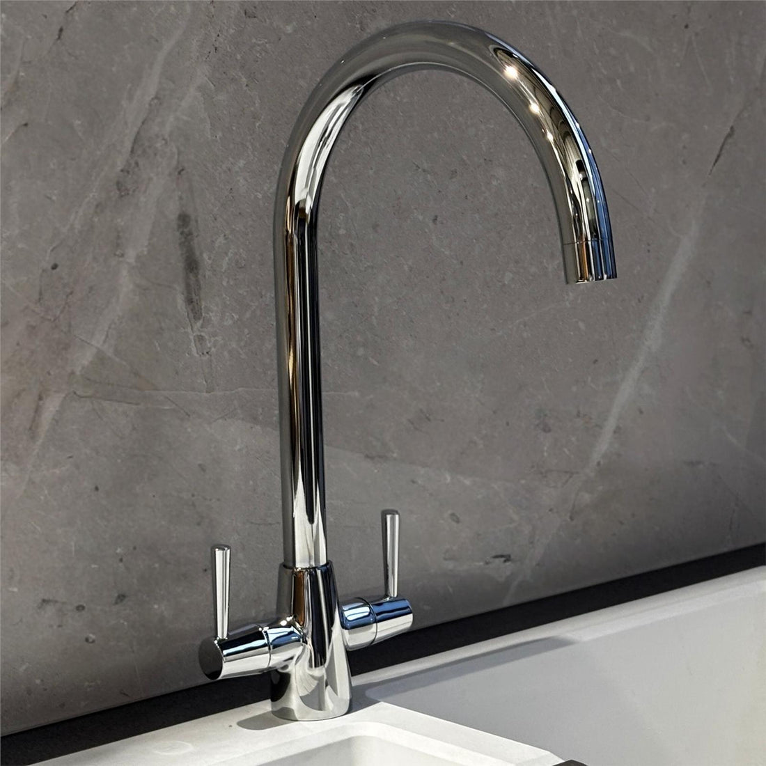 Liquida LU407CH Swivel Spout Swan Neck Twin Lever Chrome Kitchen Mixer Tap