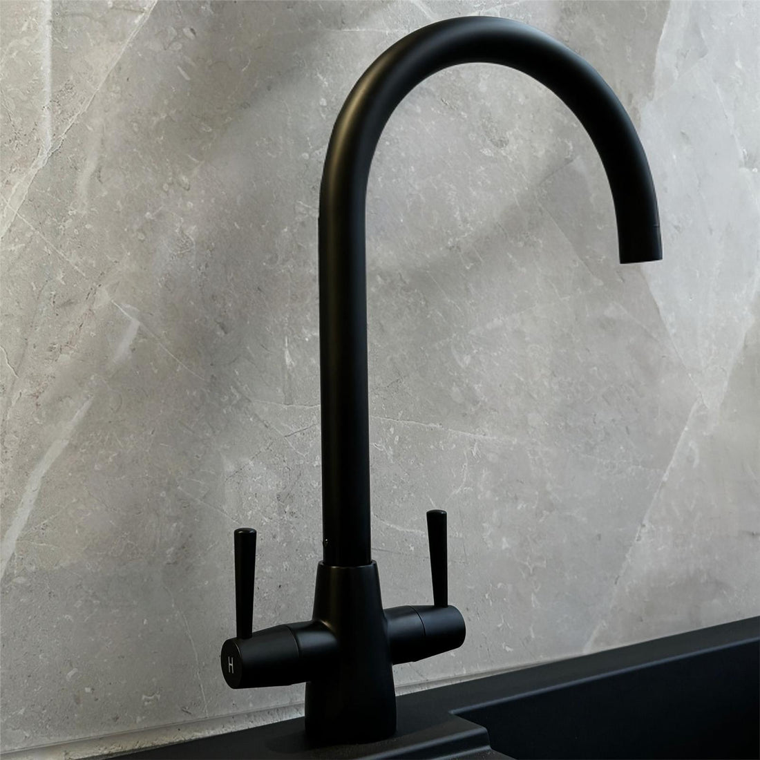 Liquida LU408MB Swivel Spout Swan Neck Twin Lever Black Kitchen Mixer Tap