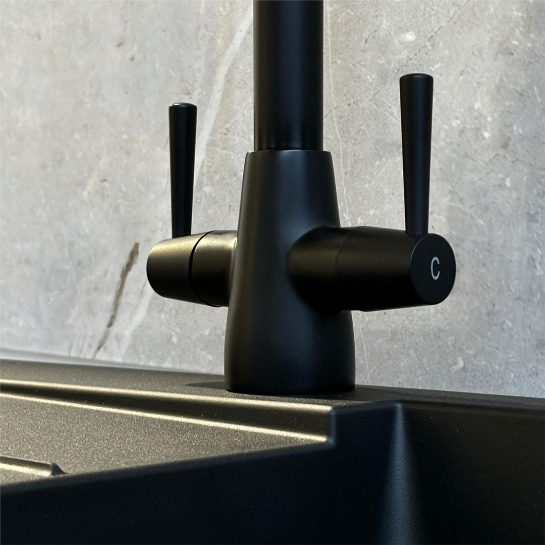 Liquida LU408MB Swivel Spout Swan Neck Twin Lever Black Kitchen Mixer Tap