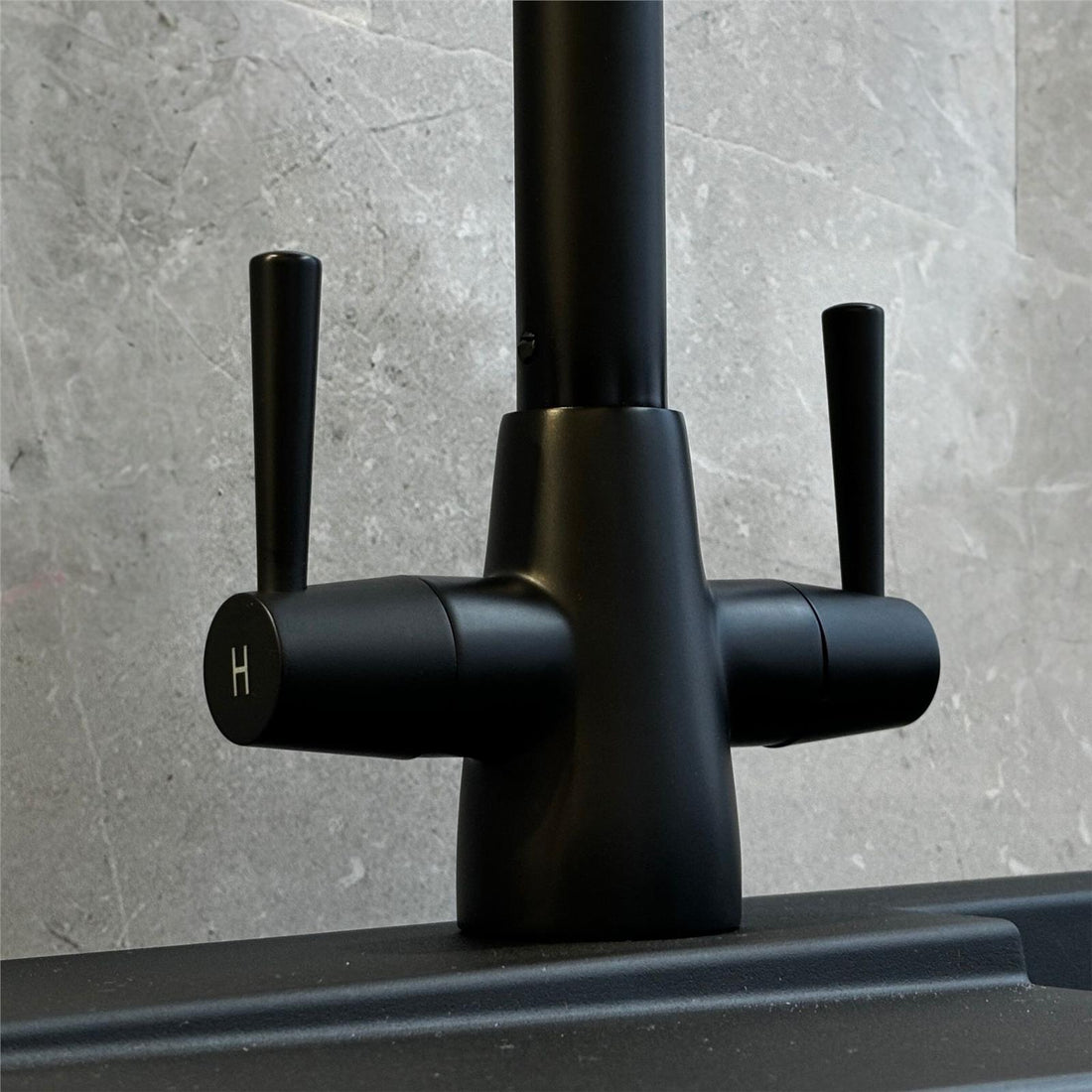 Liquida LU408MB Swivel Spout Swan Neck Twin Lever Black Kitchen Mixer Tap