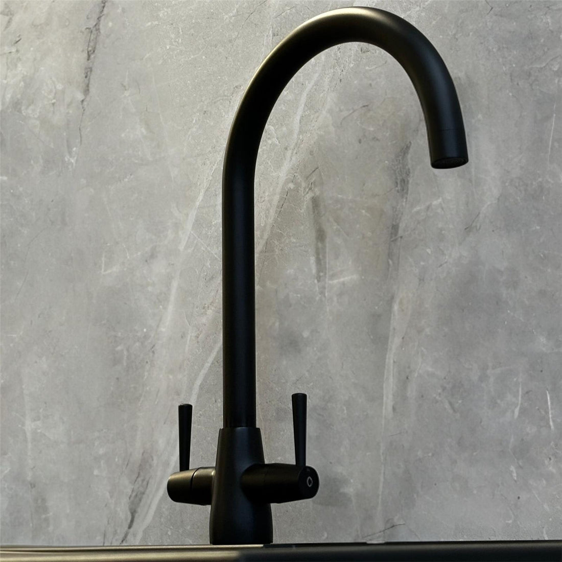 Liquida LU408MB Swivel Spout Swan Neck Twin Lever Black Kitchen Mixer Tap