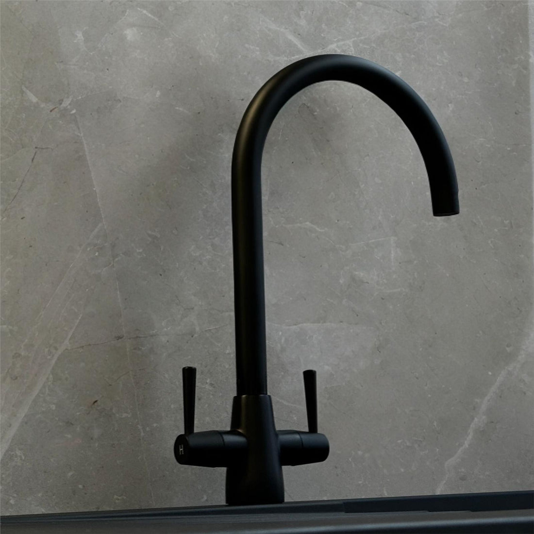 Liquida LU408MB Swivel Spout Swan Neck Twin Lever Black Kitchen Mixer Tap