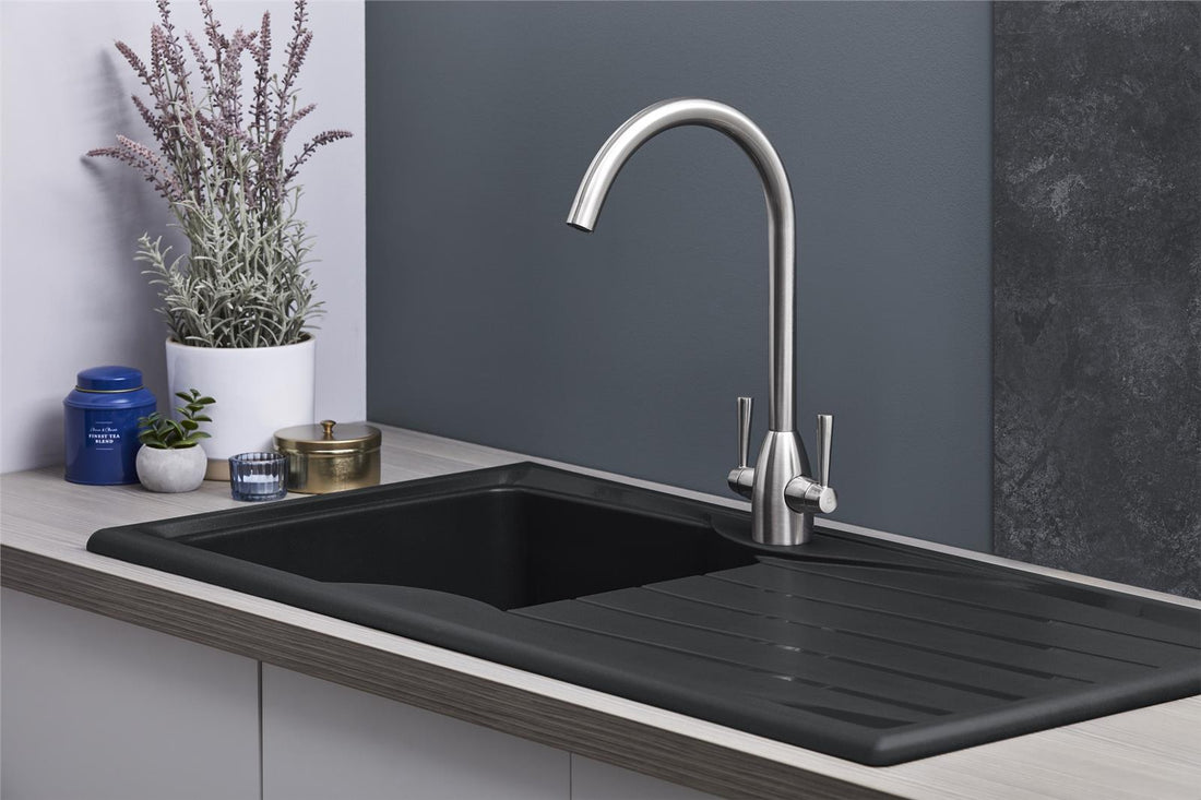 Liquida CMP10BL 1.0 Bowl Reversible Black Kitchen Sink And Waste Kit