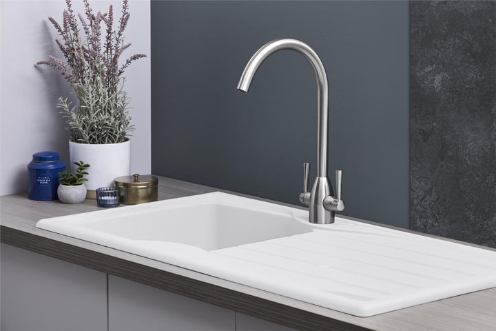 Liquida CMP10WH 1.0 Bowl Reversible White Kitchen Sink And Waste Kit