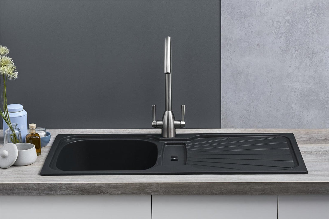 Liquida CMP5BL 1.0 Bowl Reversible Inset Black Kitchen Sink With Waste Kit