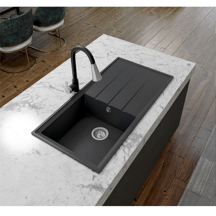 Liquida SEN100BL 1.0 Bowl Black Granite Reversible Kitchen Sink With Waste