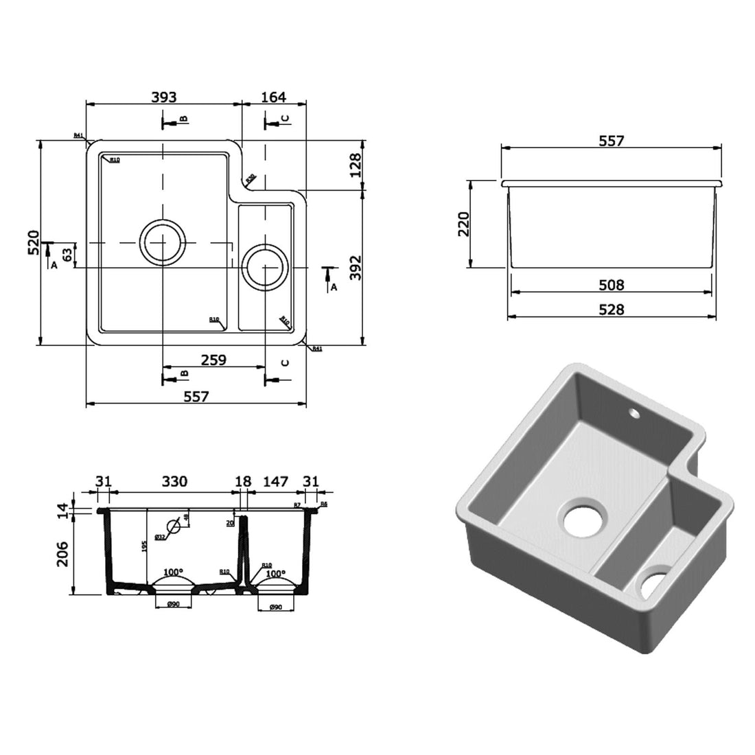 Reginox Tuscany II Undermount White Ceramic 1.5 Bowl Kitchen Sink With Wastes
