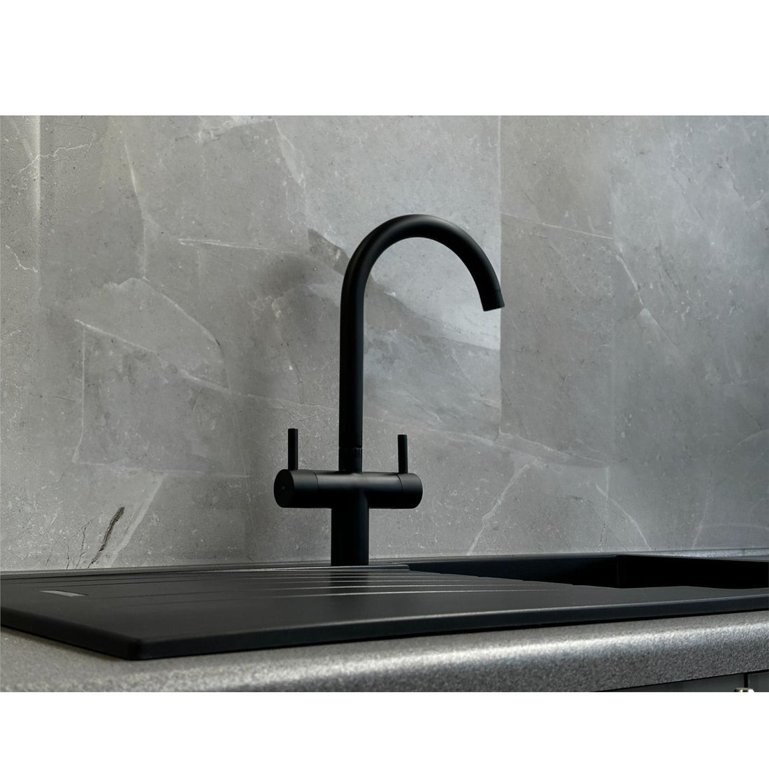 Liquida W03BL Swivel Spout Swan Neck Twin Lever Black Kitchen Mixer Tap
