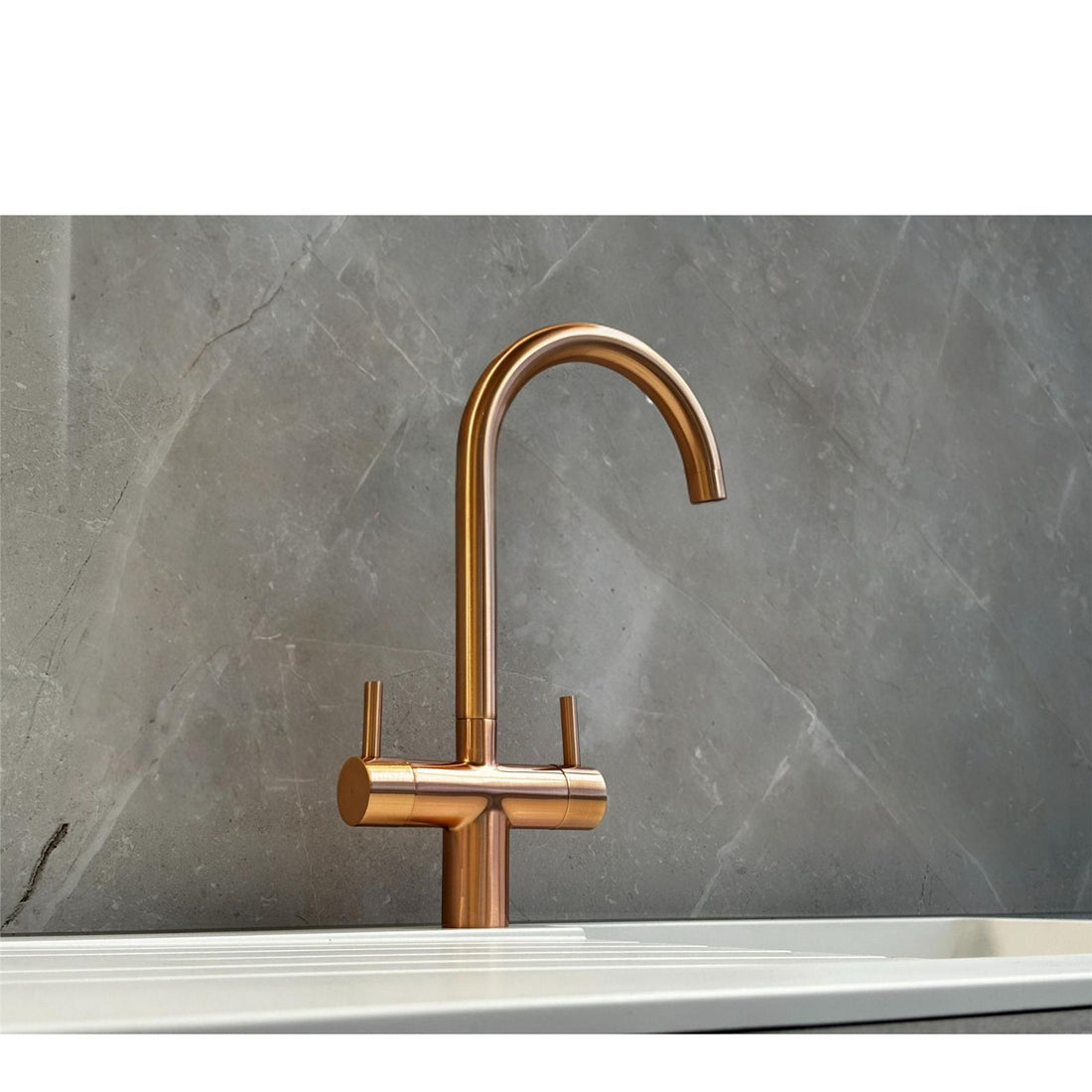 Liquida W03CP Swivel Spout Swan Neck Twin Lever Copper Kitchen Mixer Tap
