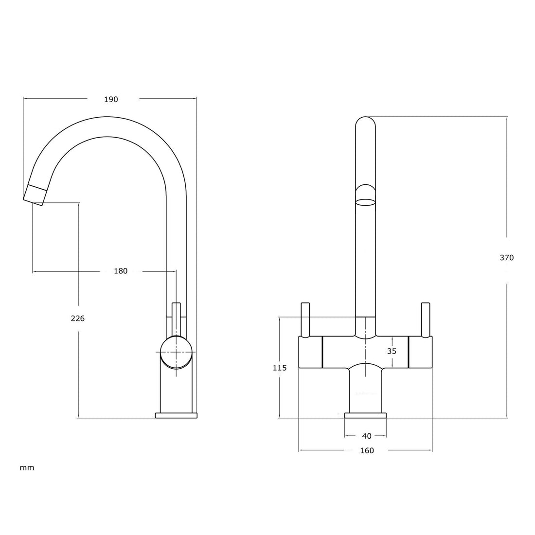 Liquida W03BL Swivel Spout Swan Neck Twin Lever Black Kitchen Mixer Tap