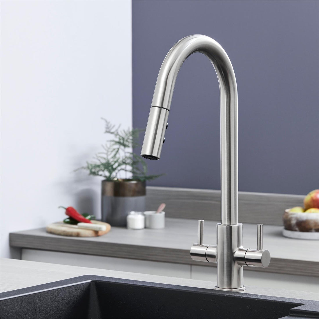 Liquida W04BN Twin Lever Brushed Nickel Kitchen Mixer Tap With Pull Out Spray