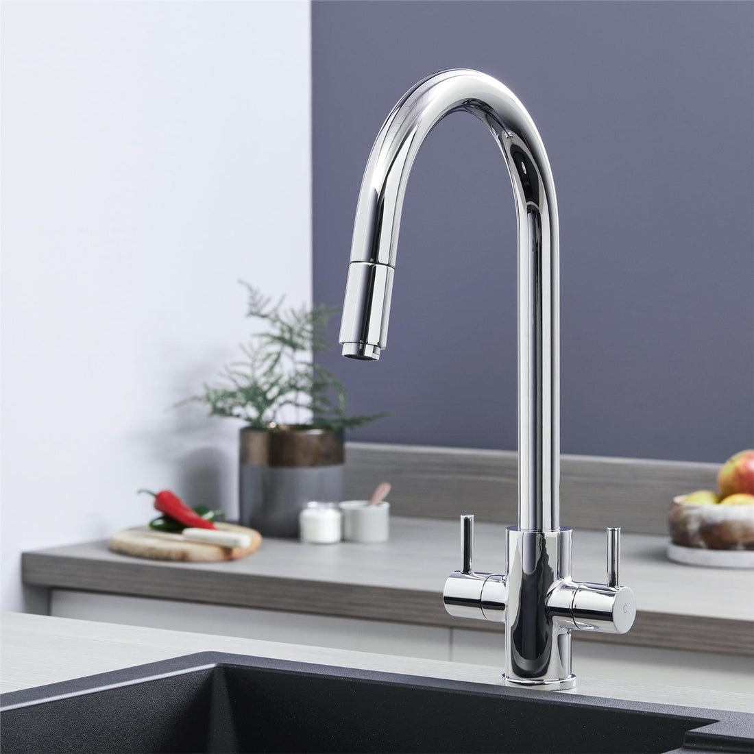 W04CH Twin Lever Kitchen Sink Mixer Tap With Pull Out Spray In Chrome
