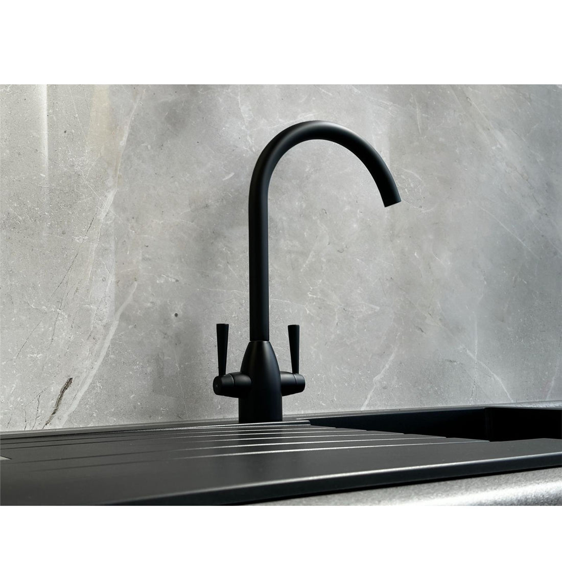 Liquida W05BL Swan Neck Swivel Spout Monobloc Twin Lever Black Kitchen Mixer Tap