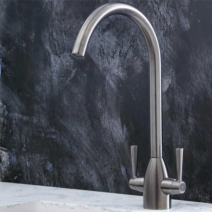 Liquida W05GM Swan Neck Monobloc Twin Lever Gun Metal Grey Kitchen Mixer Tap