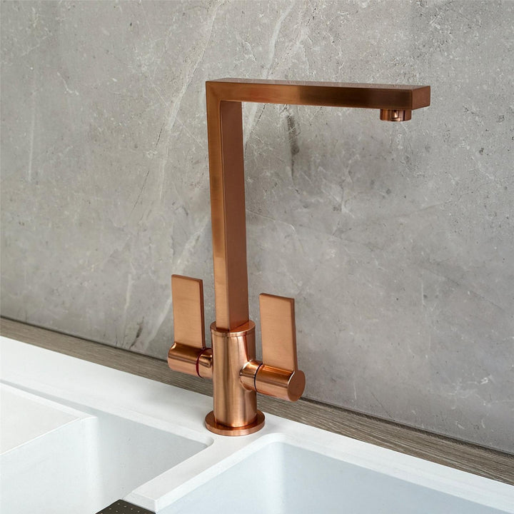 Liquida W17CP Twin Lever 360 Degree Swivel Spout Copper Kitchen Mixer Tap