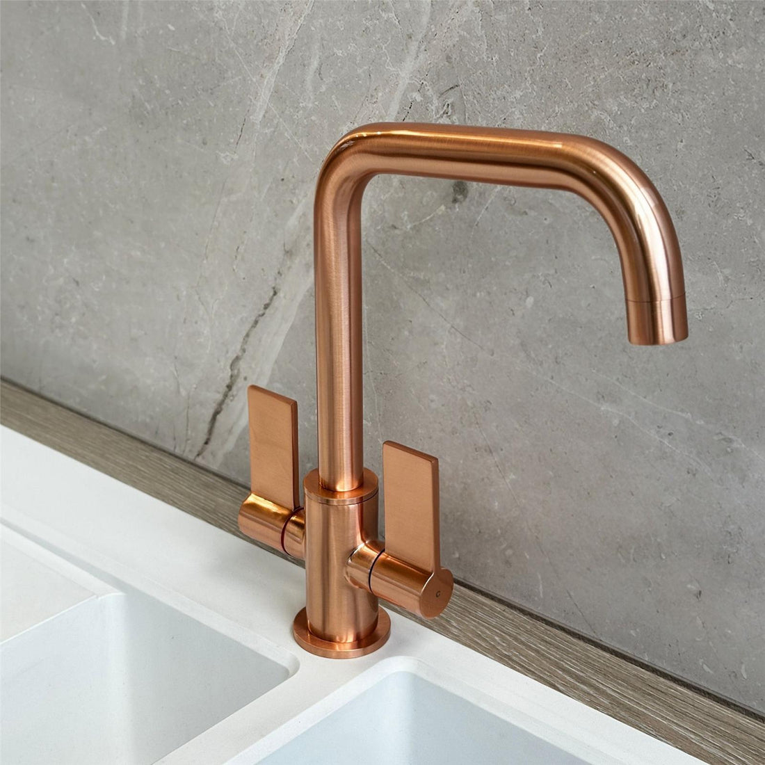 Liquida W18CP Twin Lever D Shape 360 Swivel Spout Copper Kitchen Mixer Tap