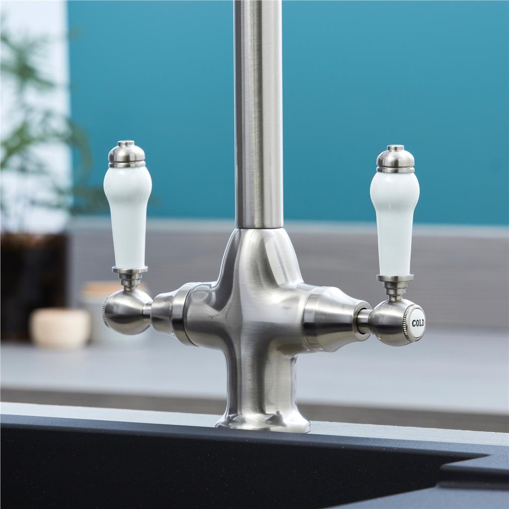 Liquida W22BN Traditional Twin Lever Swivel Brushed Nickel Kitchen Mixer Tap