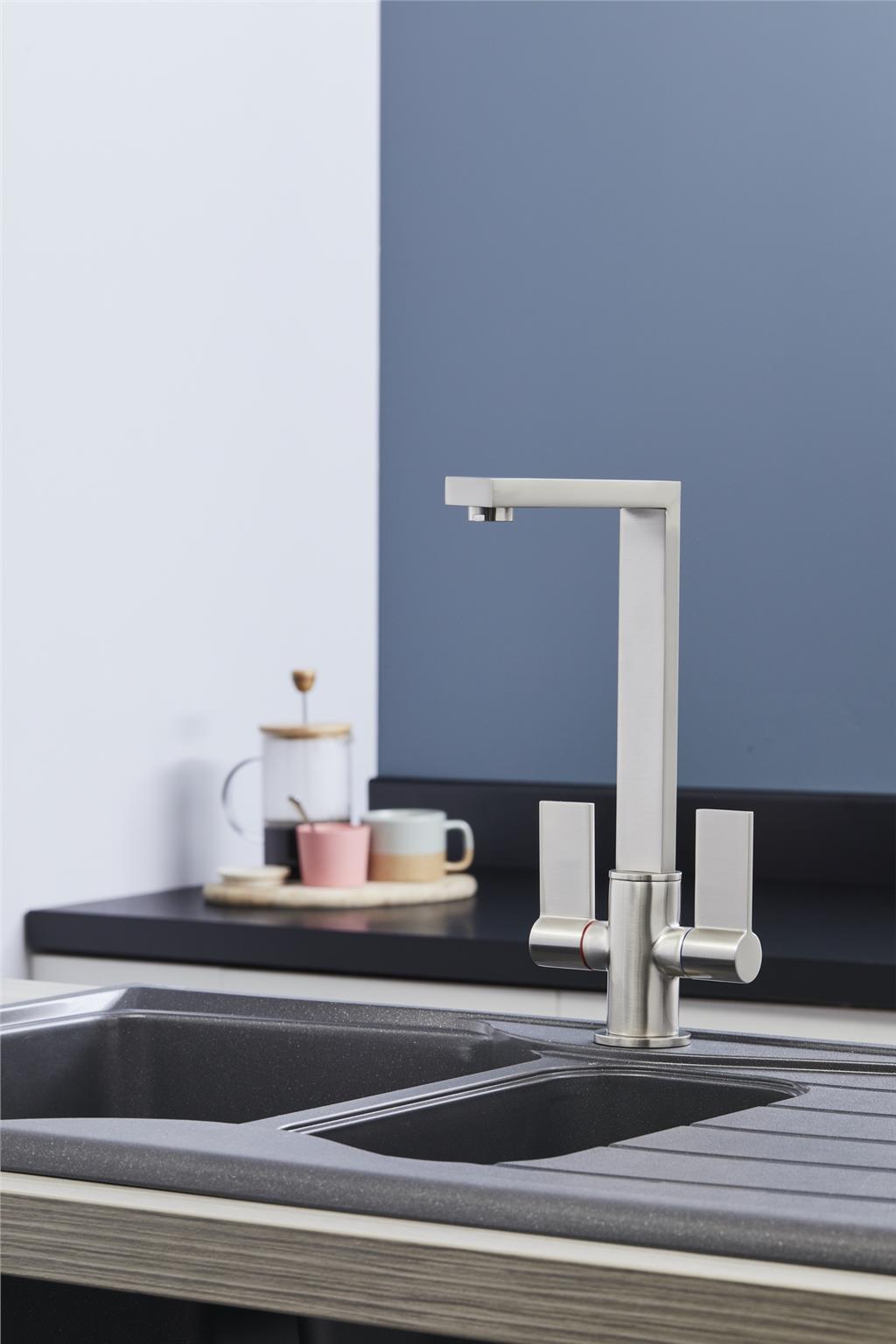 Liquida W17BN Twin Lever 360 Degree Swivel Spout Brushed Nickel Kitchen Tap